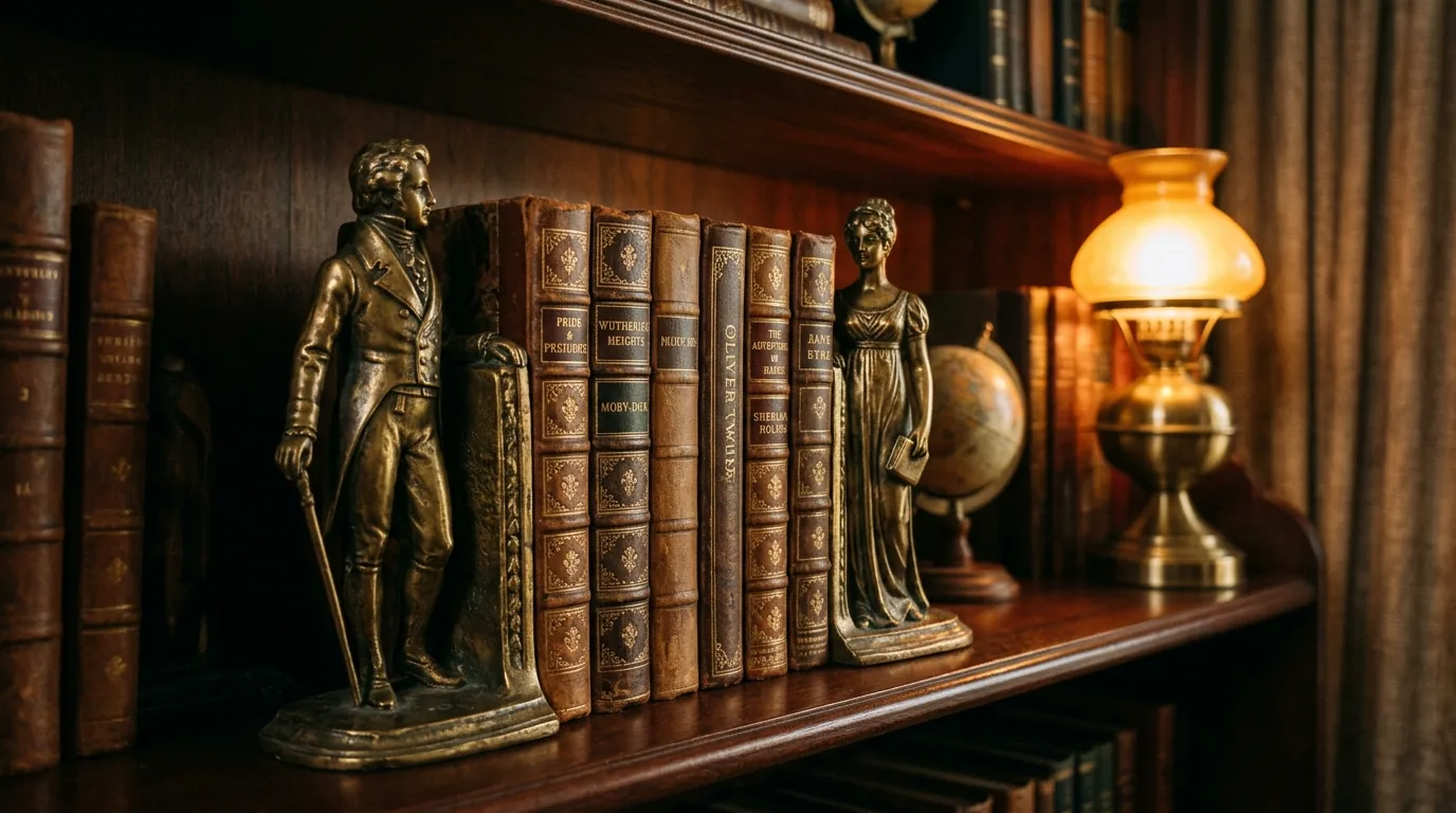 Living room built in with ceramic face bookends