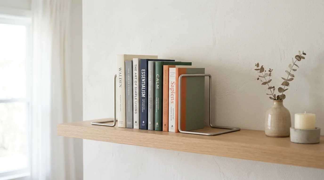 Small shelf with clear acrylic bookends and pale decor