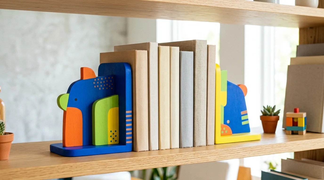 Rustic shelf with carved wood bookends