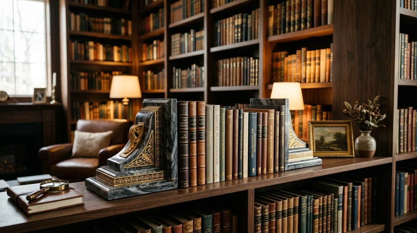 Luxury bookshelf with crystal inspired bookends and dark bound volumes