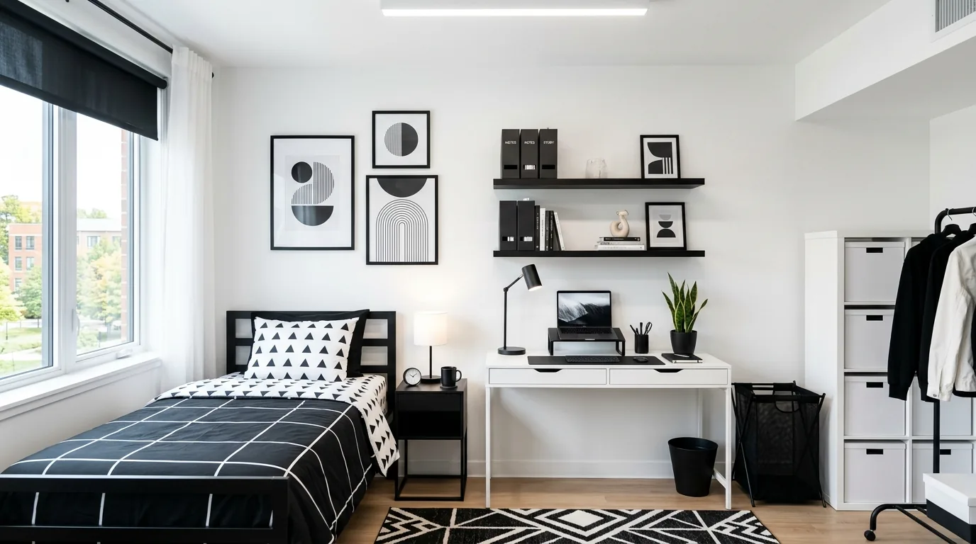 Modern dorm setup with charcoal and olive palette