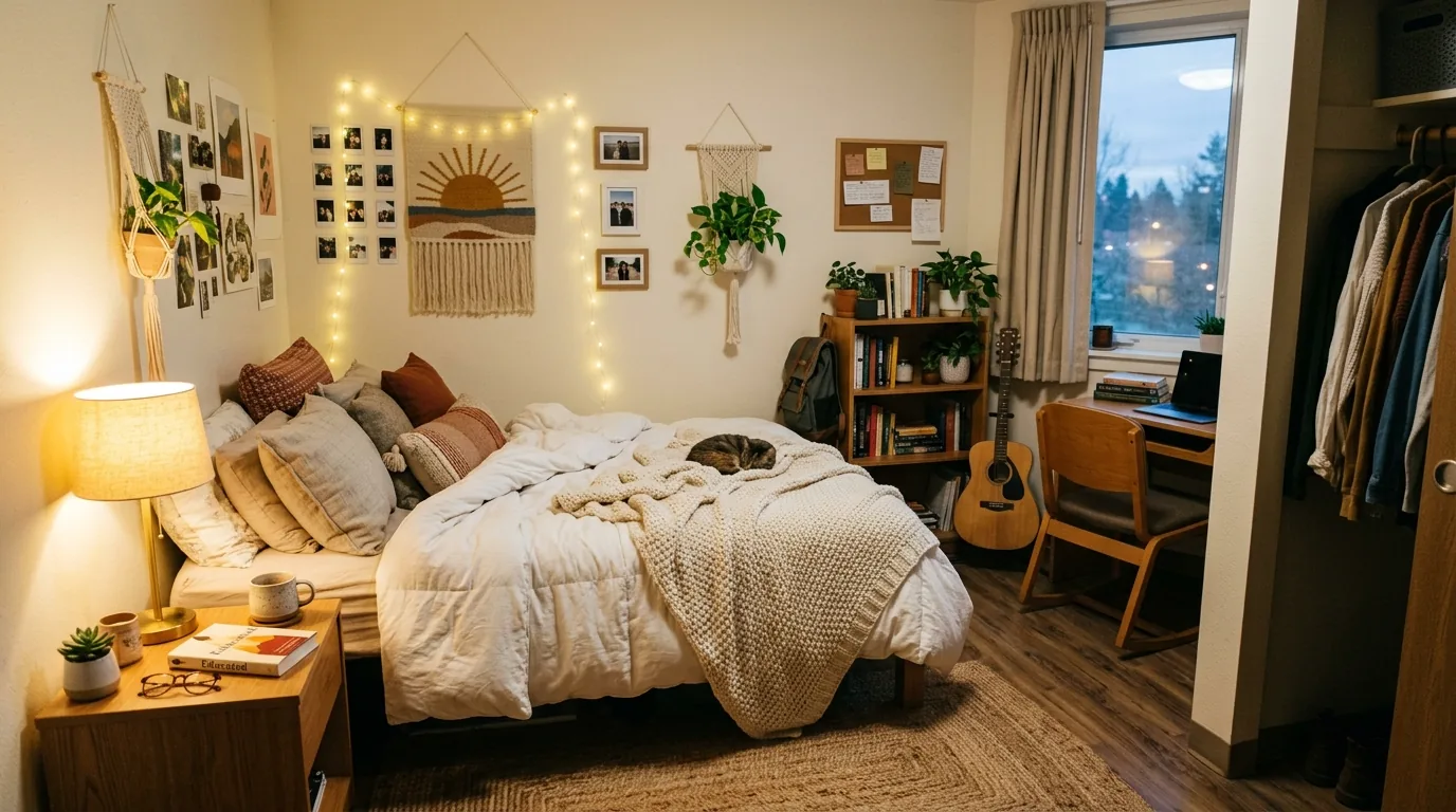 Small dorm room with under bed storage bins