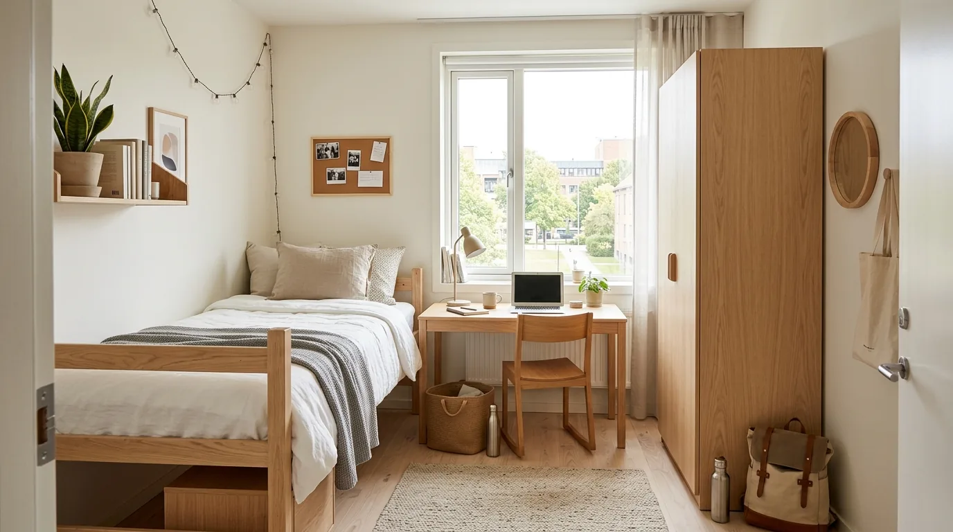 Guys dorm room with plaid throw