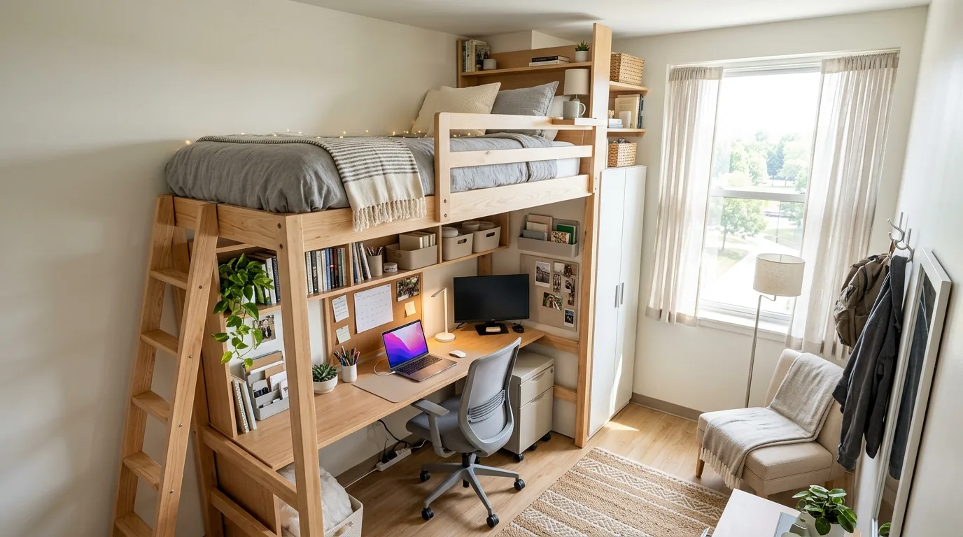 Gaming friendly dorm setup with sleek monitor desk