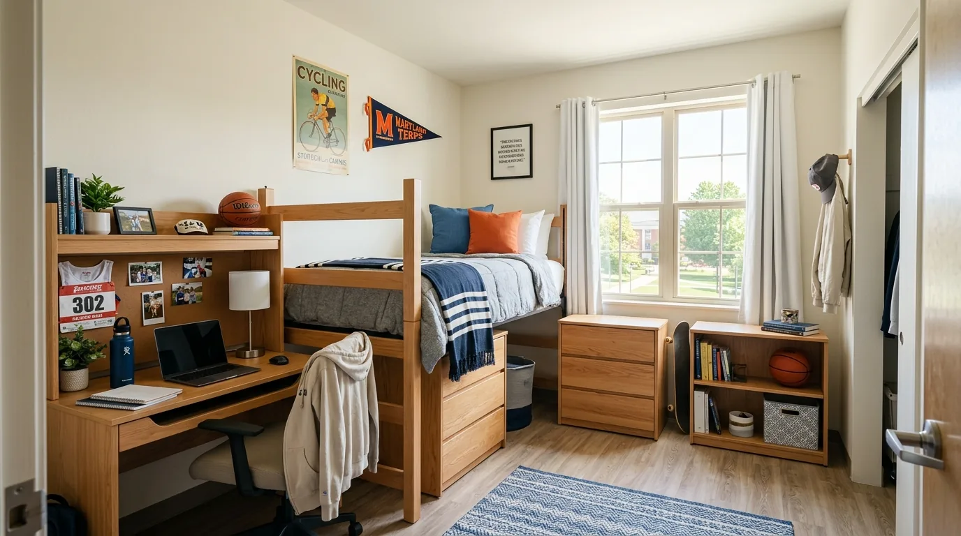 Scandinavian inspired dorm room with pale wood