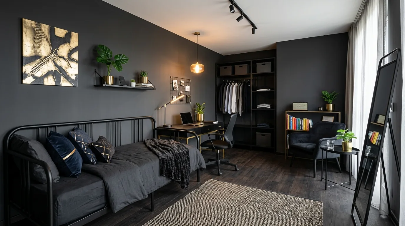 Urban dorm style with black metal rack