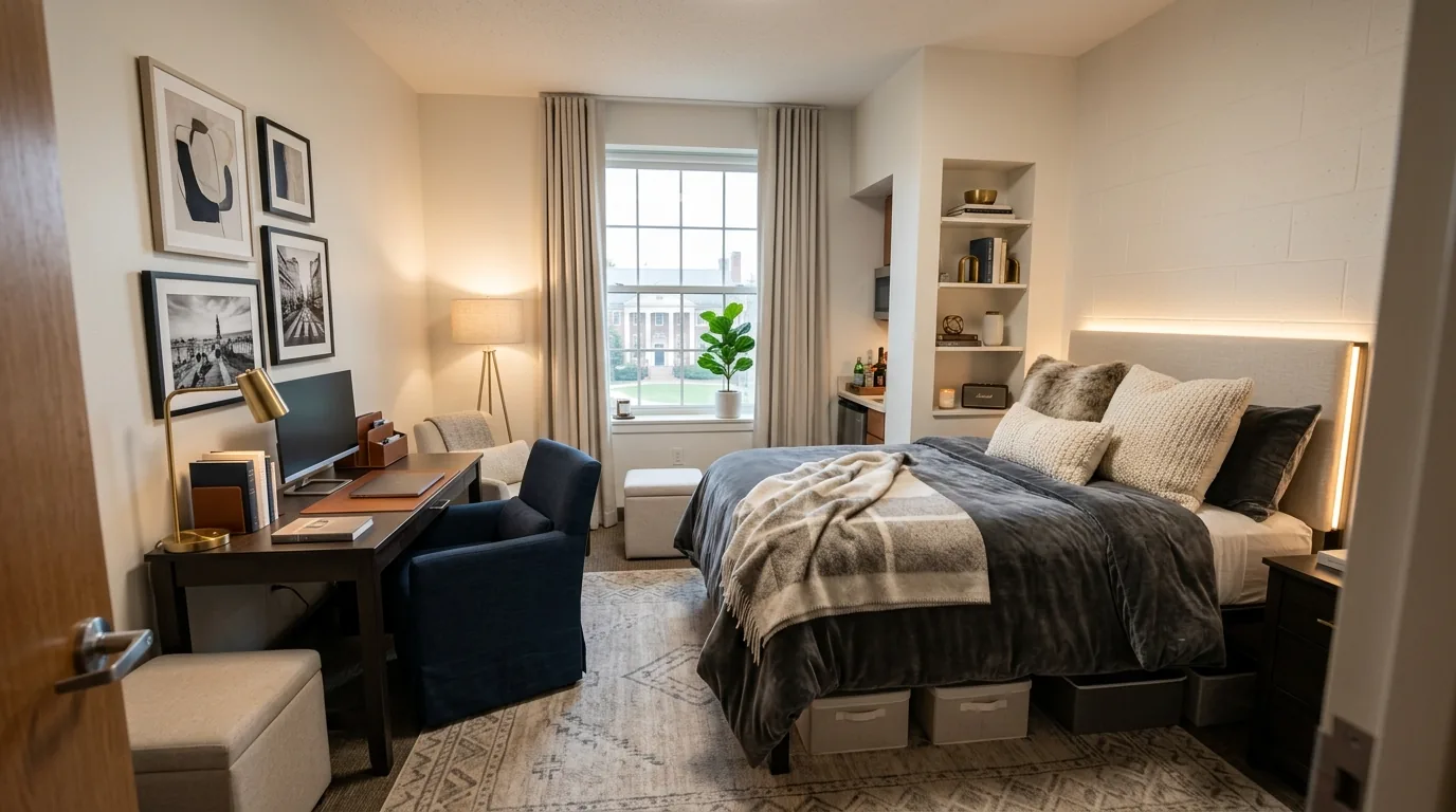 Luxury inspired dorm corner with tufted headboard cushion