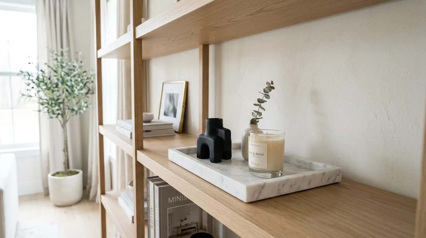 Oak shelving with woven tray and stacked beads