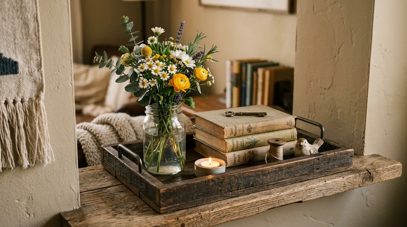 Minimal shelf with black tray and sculptural objects