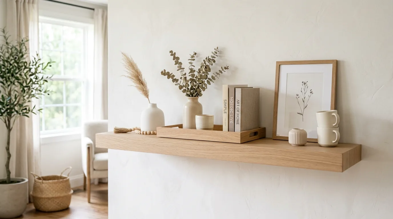 Kitchen shelf with wood tray for oils