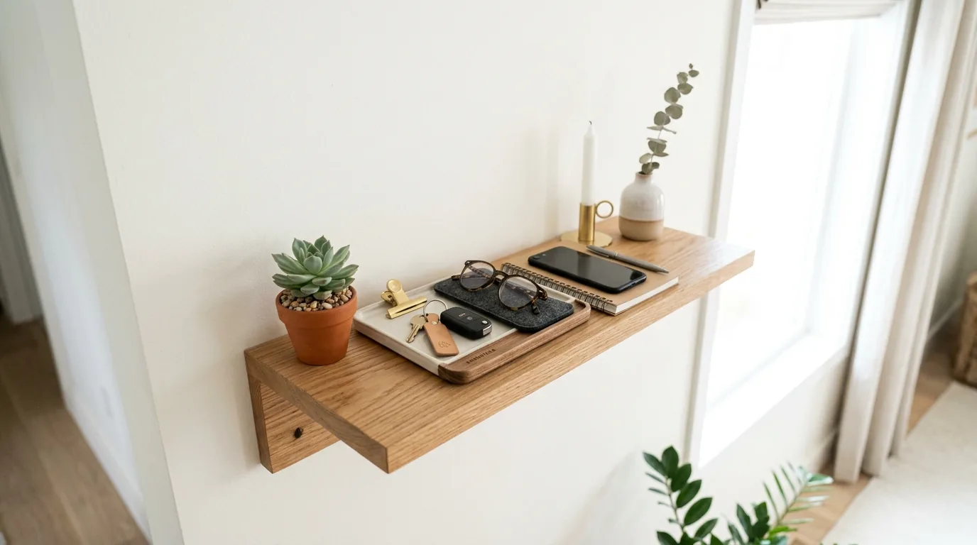 Small apartment shelf with compact tray organizing keys