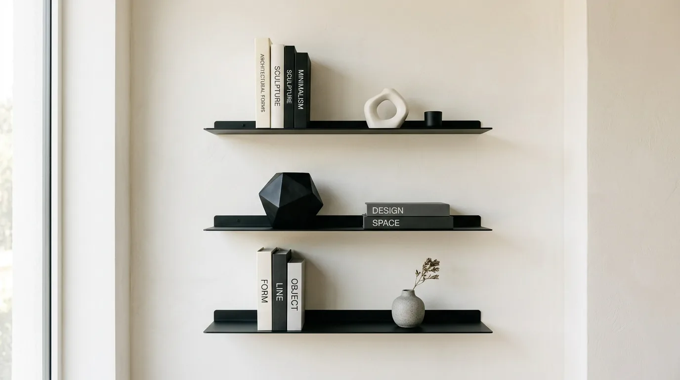 Floating shelf above desk with tray