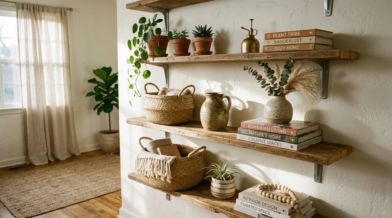 Living room built in nook with low shelf art layering