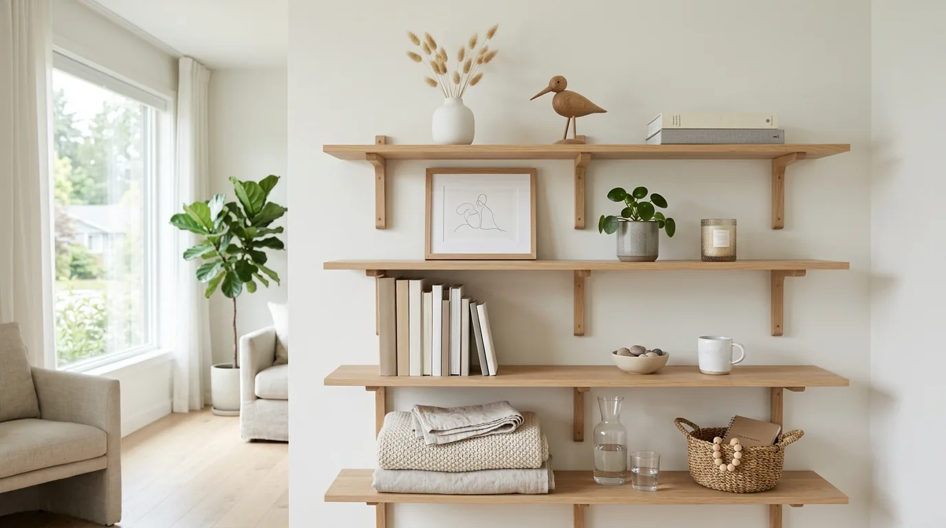 Narrow shelf with monochrome decor and one trailing plant