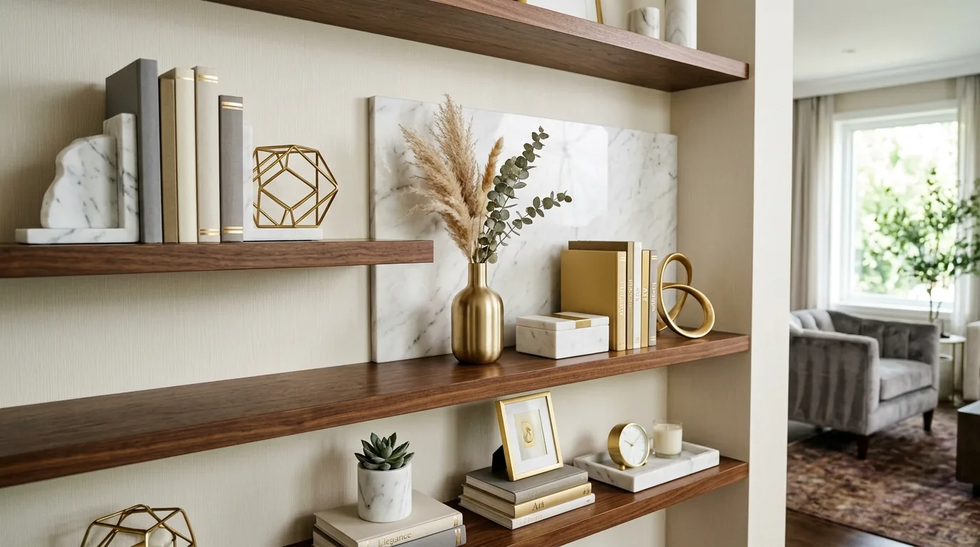 Renter friendly bookshelf with woven box storage and decorative object grouping