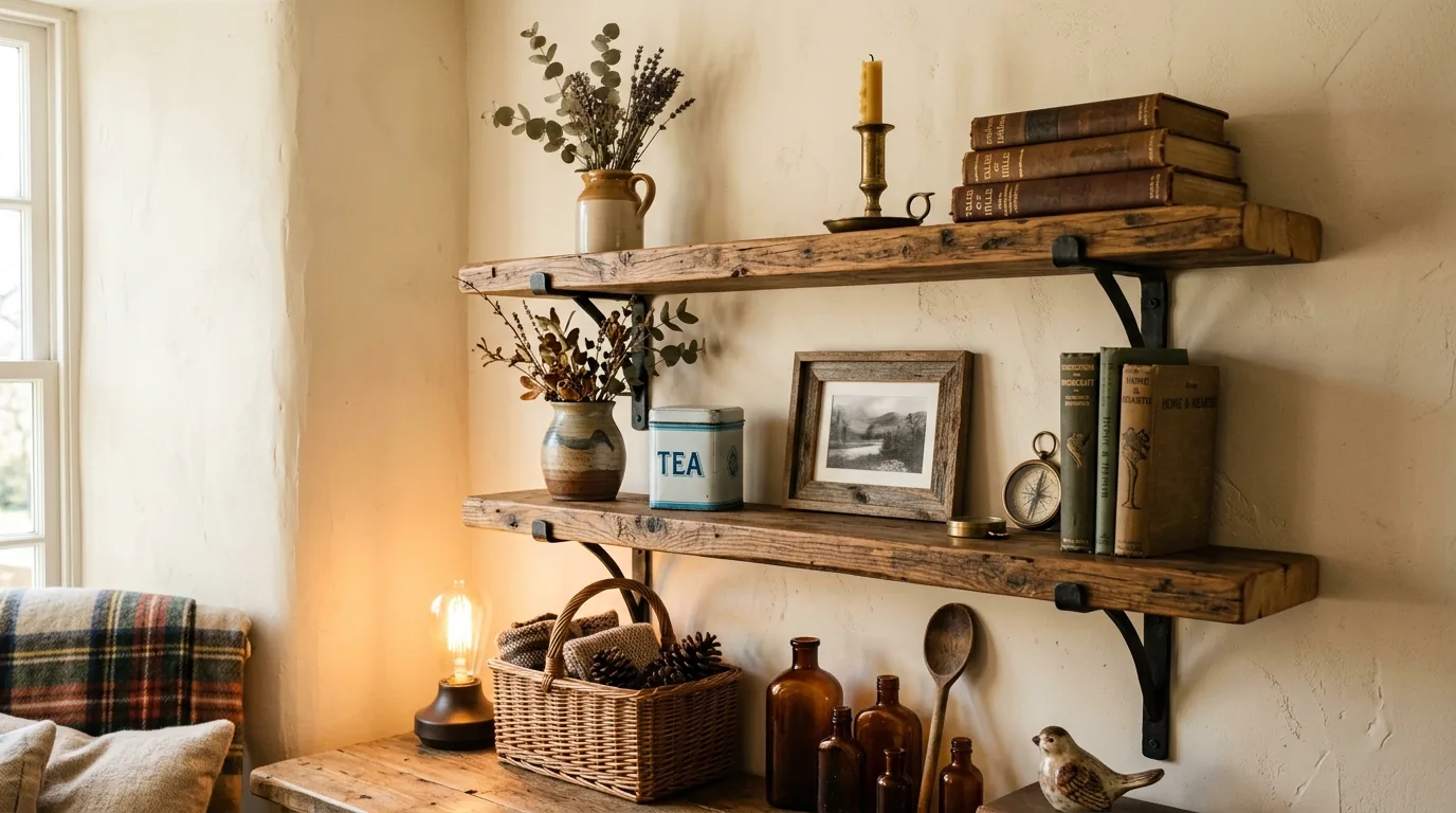 Small shelf under TV with art books and ceramic vase