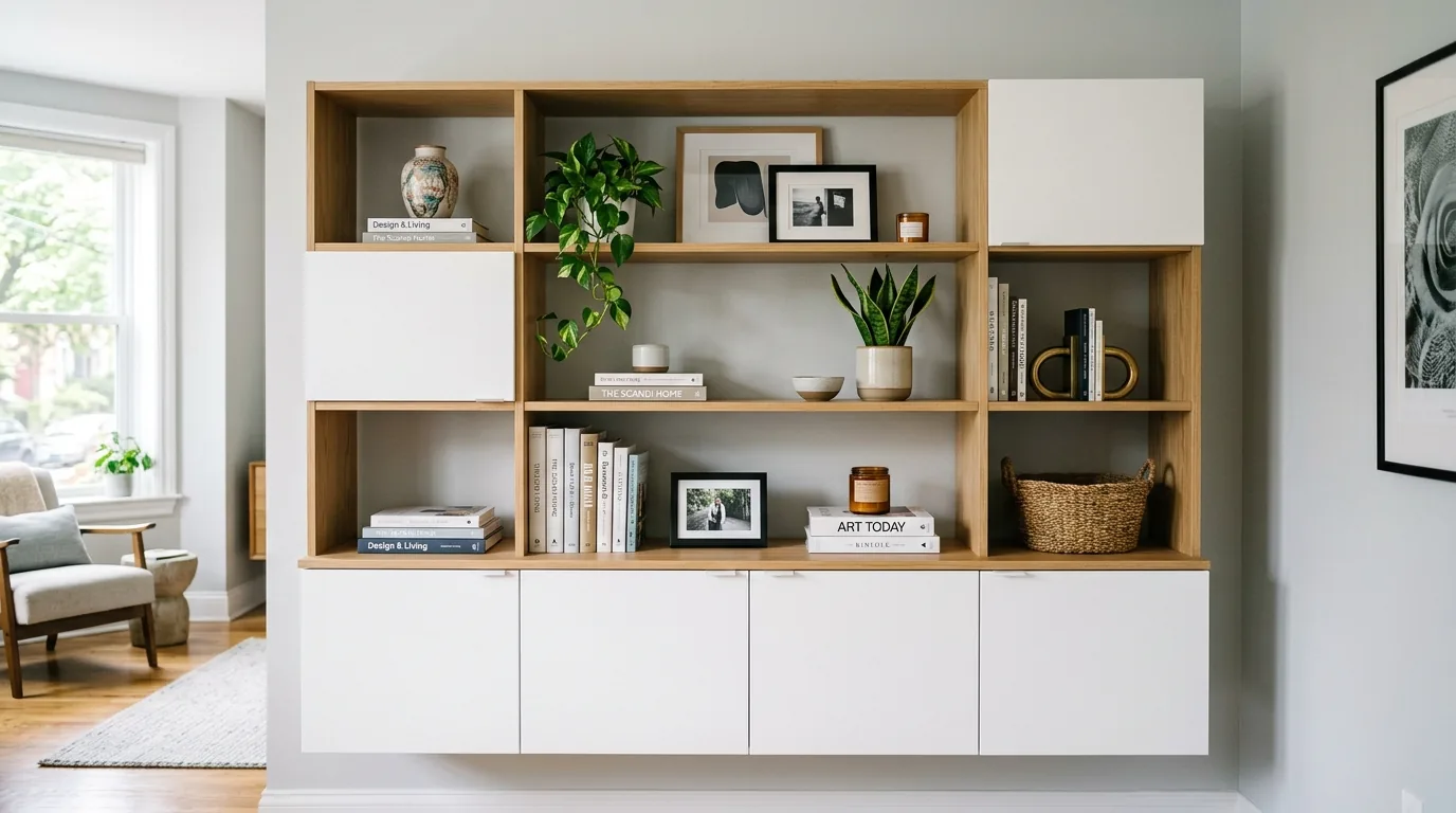 Scandinavian apartment shelf with pale wood