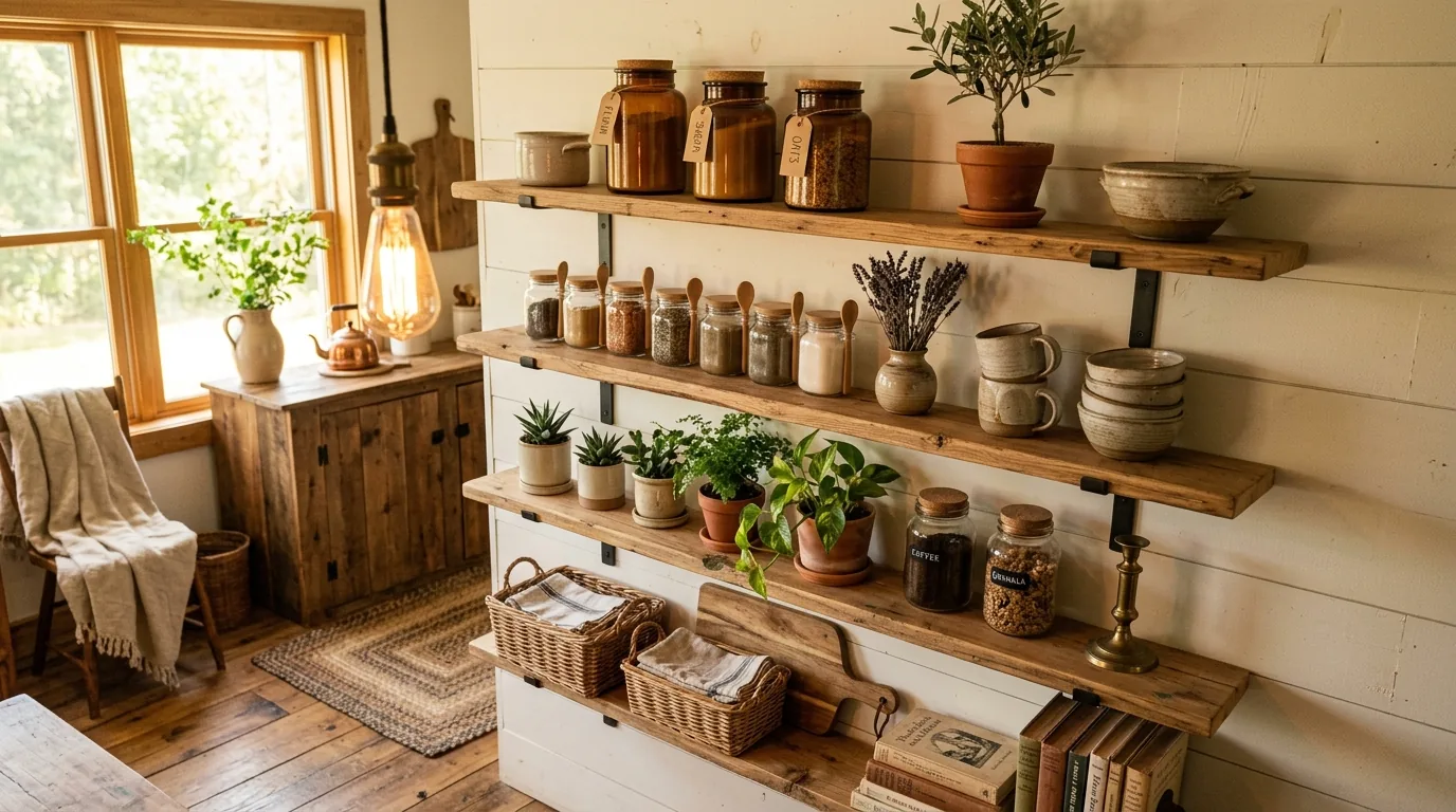 Tiny wall shelf with seasonal branch arrangement and candle