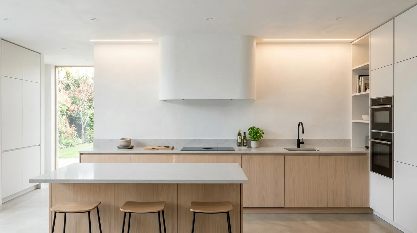 Rustic white oak range hood cover with visible grain
