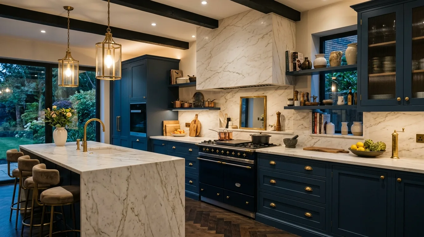 Dramatic black range hood cover with curved profile