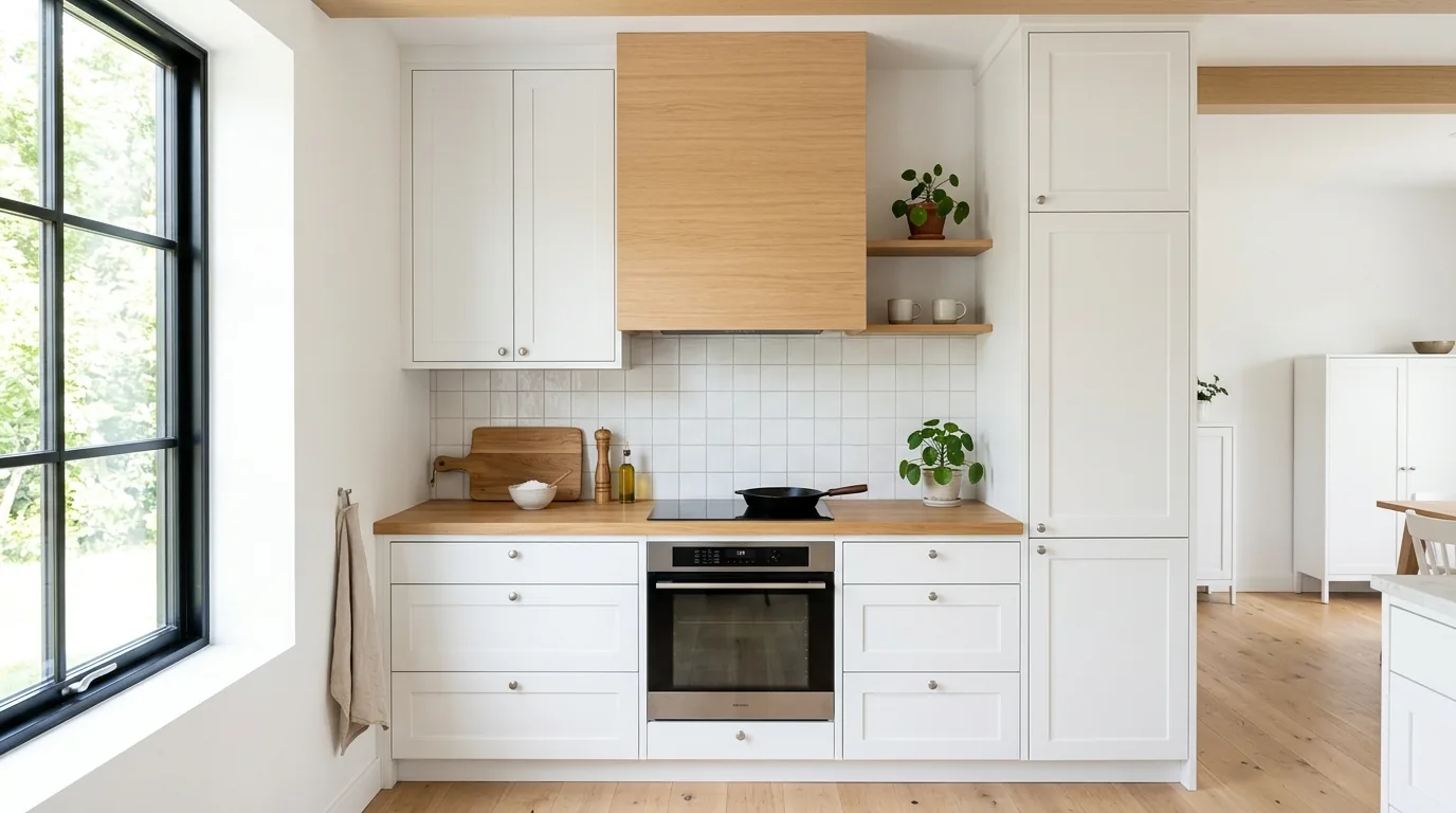 Vaulted ceiling kitchen with hood cover reaching the beams