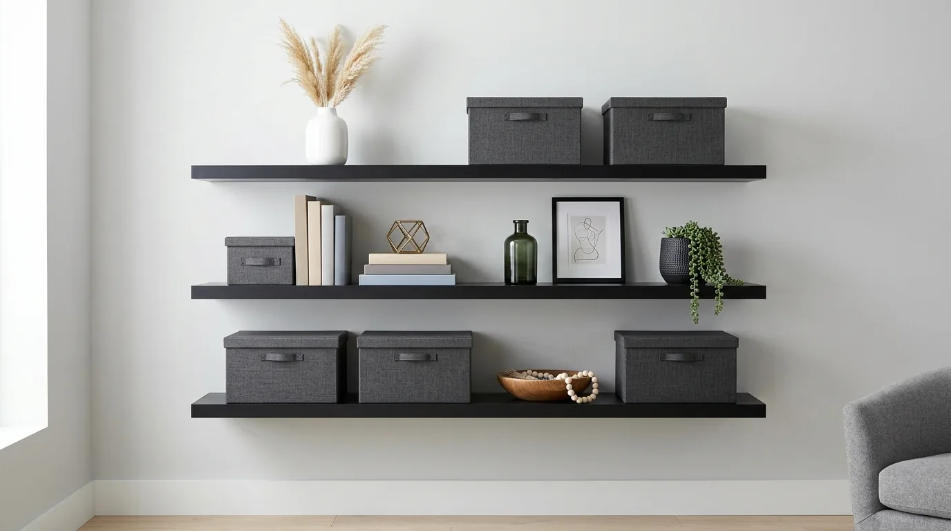 Floating shelf over desk with file box