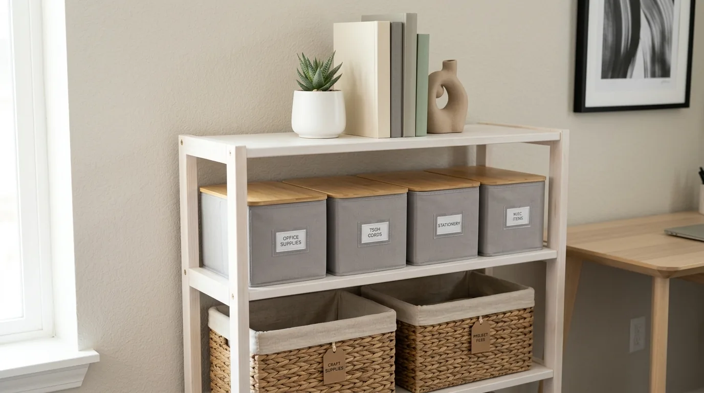 Living room shelf with tray grouping