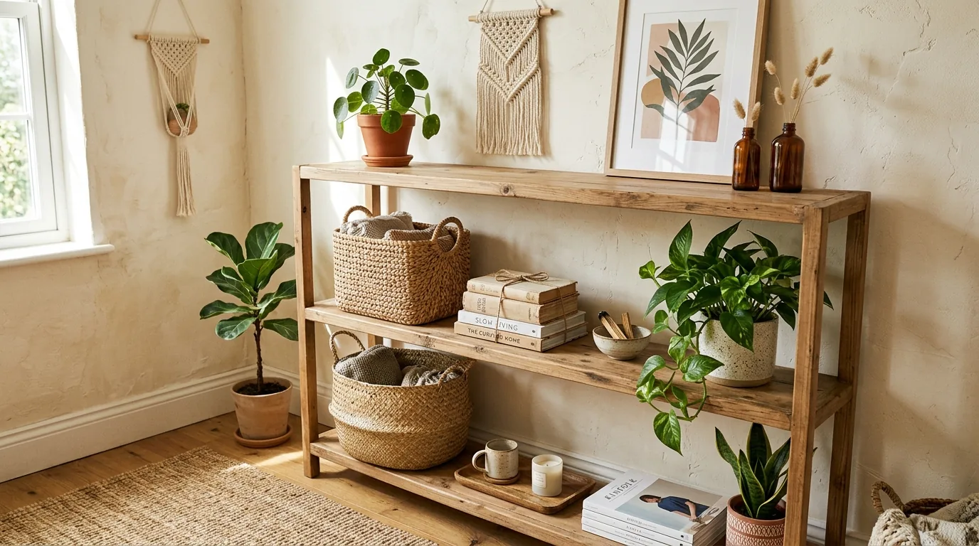 Narrow bookshelf with lower baskets and upper decor accents