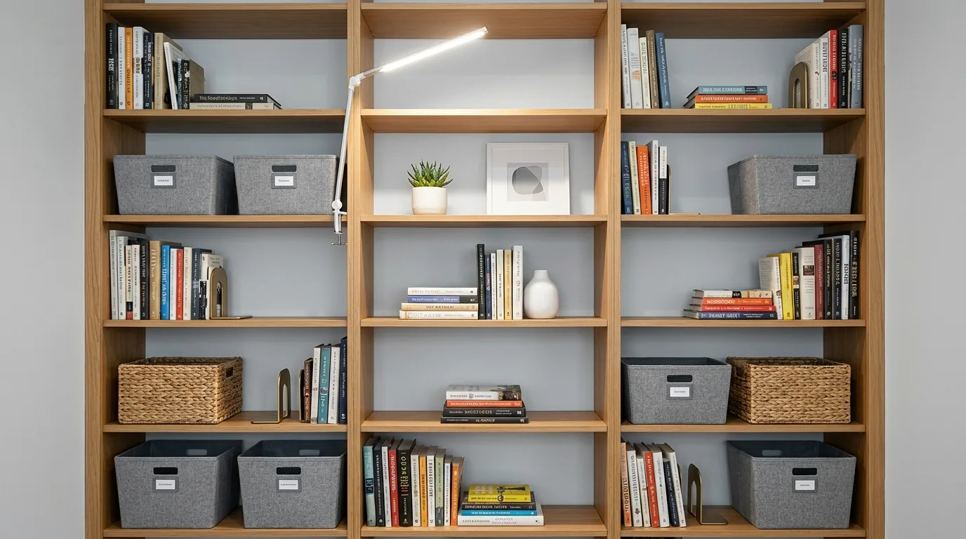 Scandinavian shelf styling with pale wood
