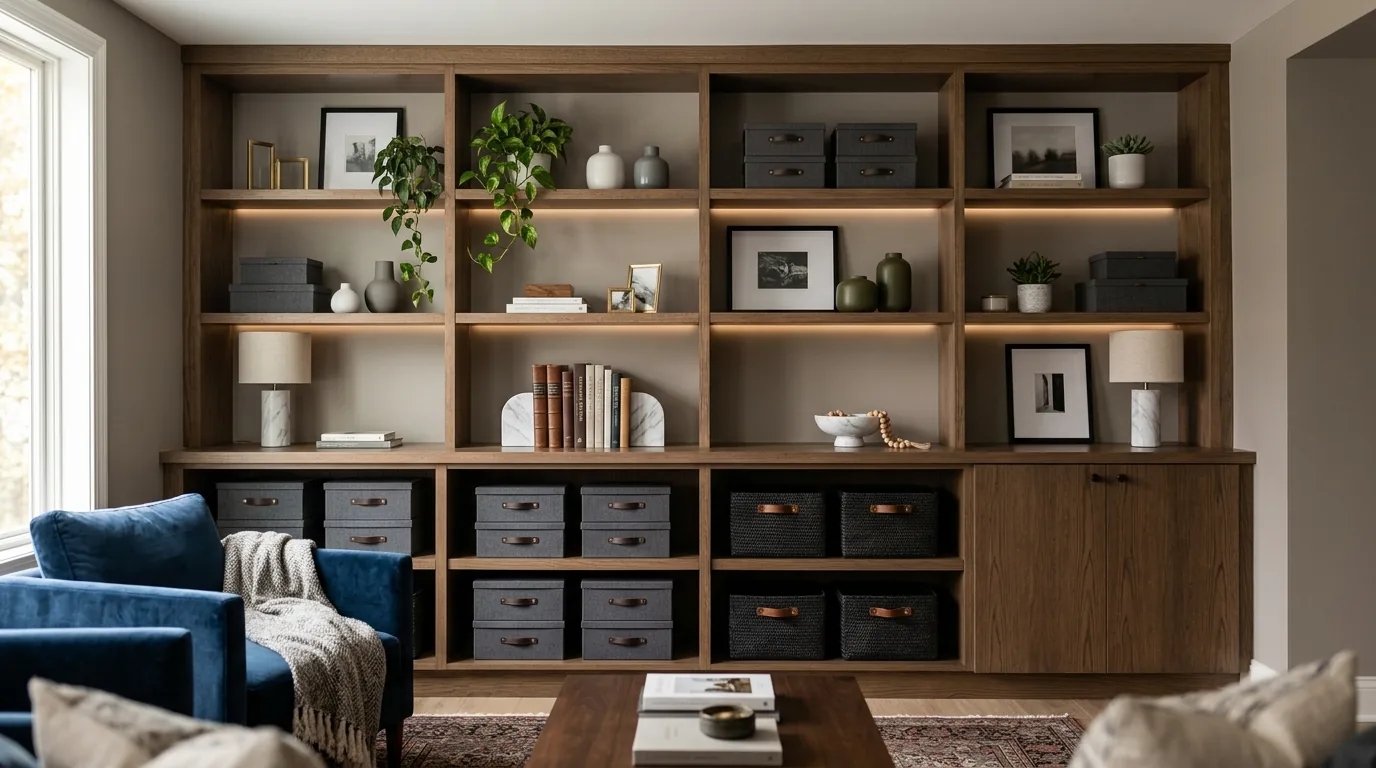 Renter friendly shelf with labeled bins