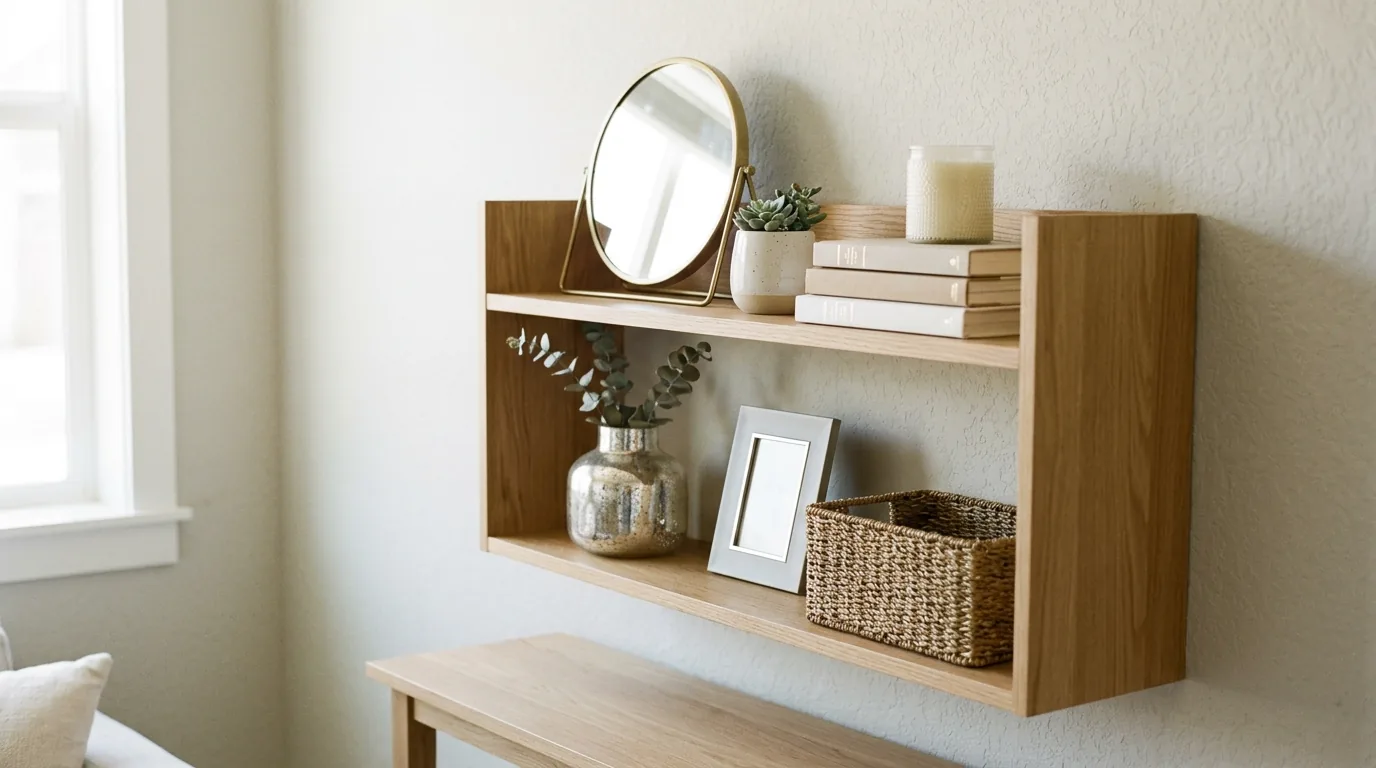 Luxury small shelf styling with marble box