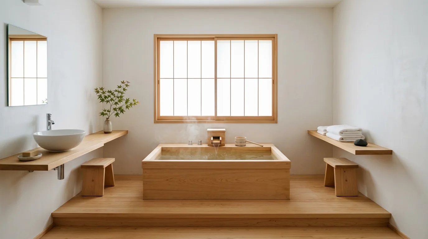 Minimal bathroom with pale plaster walls