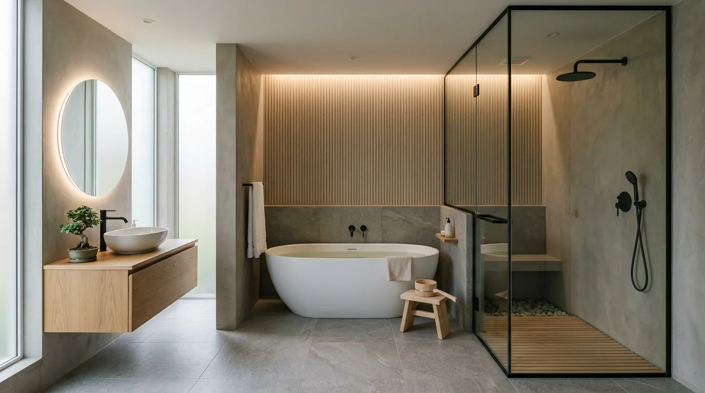 Small Japanese inspired bathroom with compact soaking tub and floating vanity