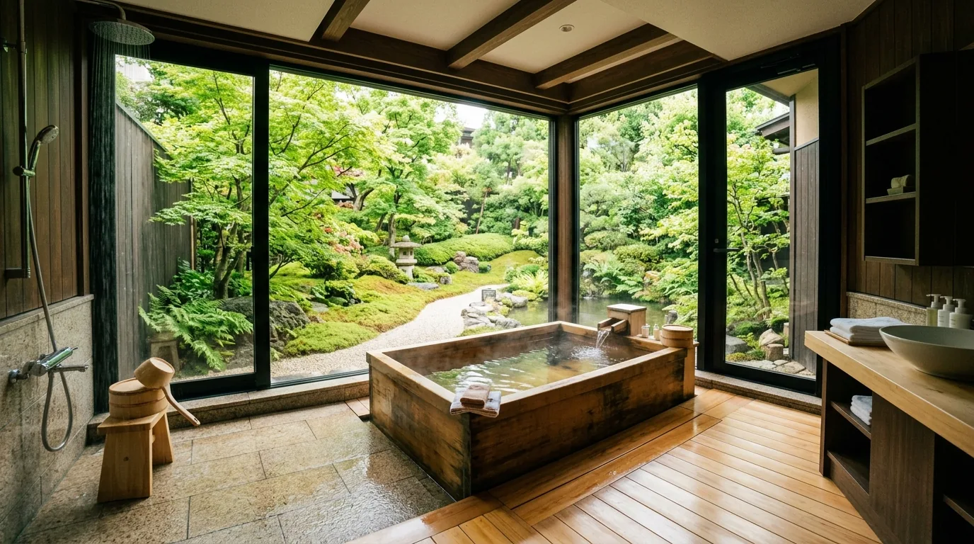 Scandinavian Japanese bathroom with pale oak vanity