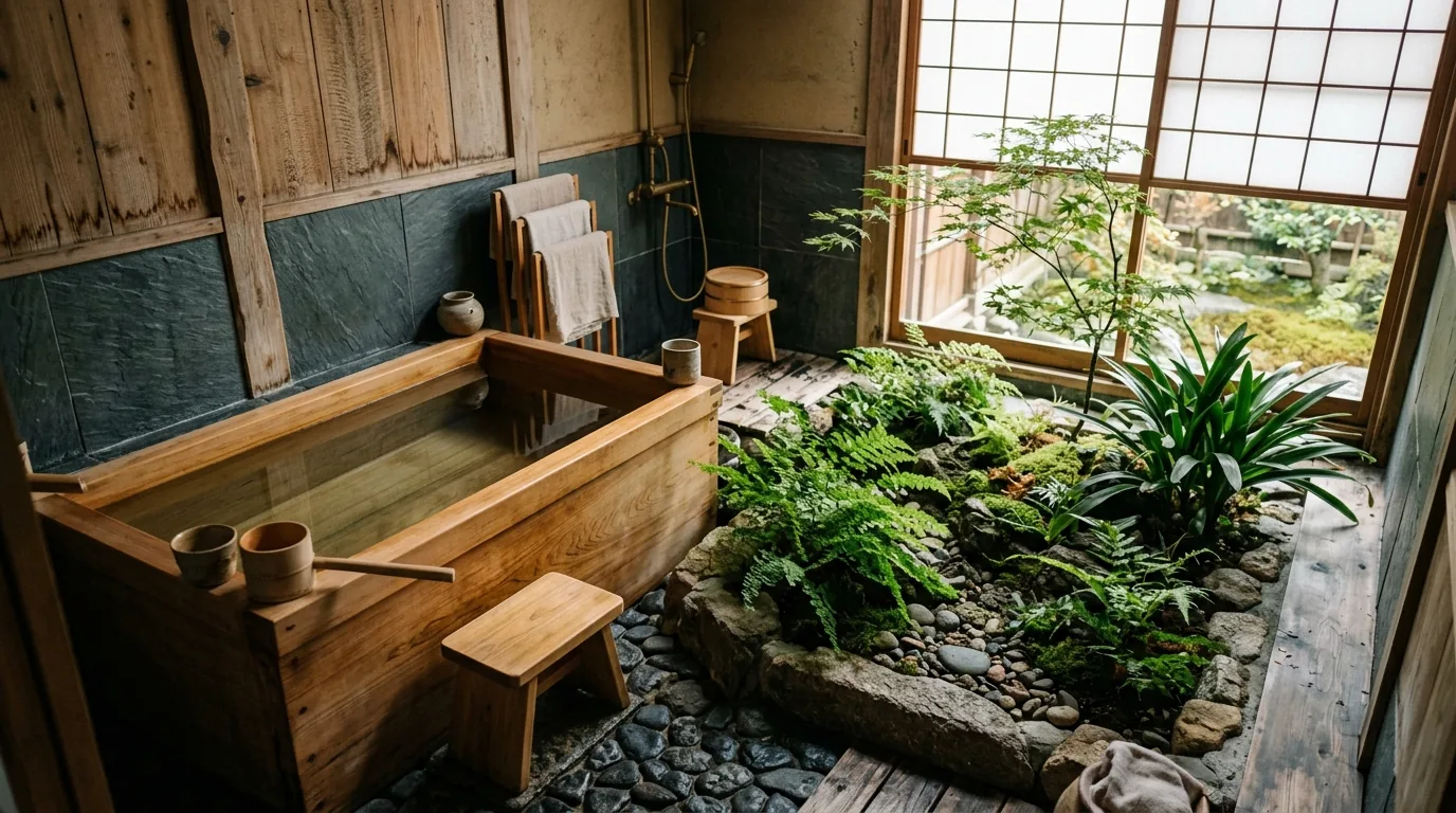 Simple Japanese bath with low wooden bench