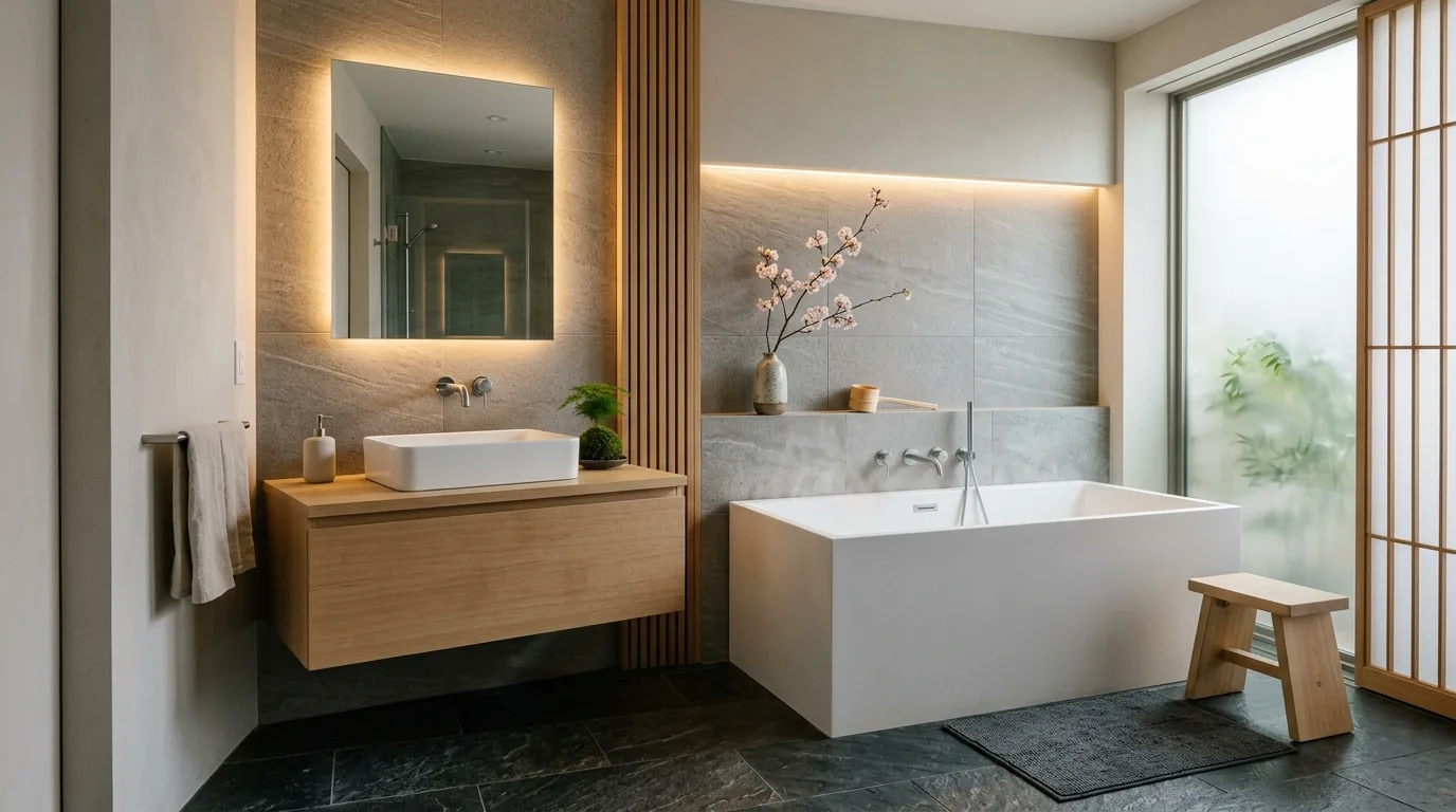 Bathroom featuring rainfall shower beside soaking tub