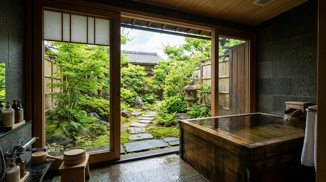 Warm bathroom with hinoki style tub