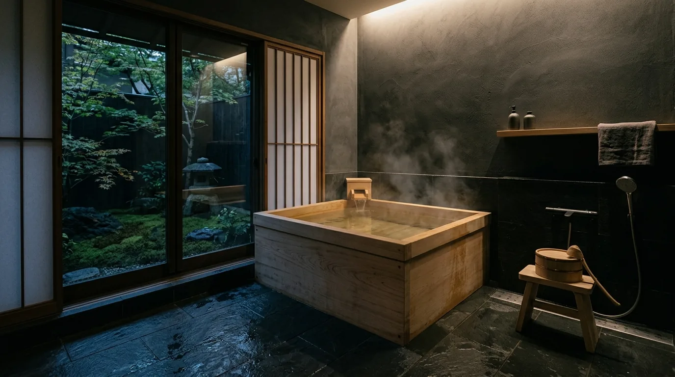Modern Japanese bathroom with skylight above tub and pale limestone finishes
