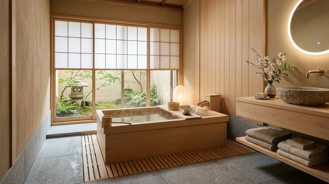 Bathroom with open shelving for folded towels