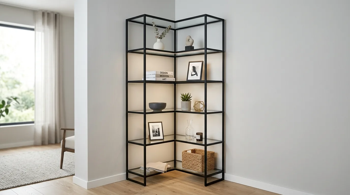 Tiny apartment corner shelf with compact plant styling and candle