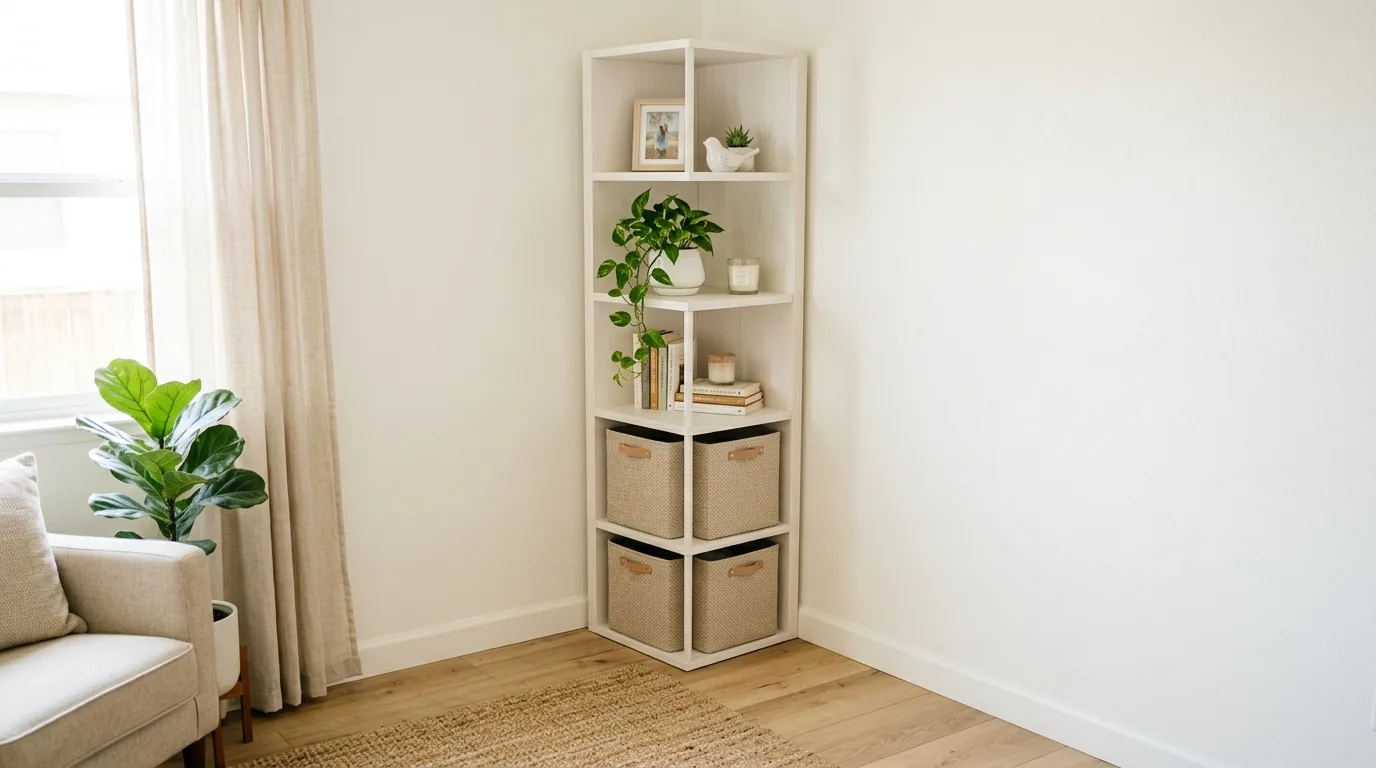 Bathroom corner shelves with rolled towels