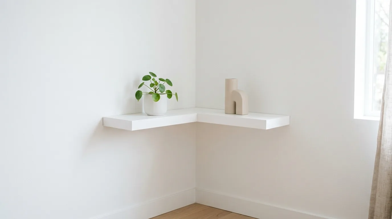 Bedroom corner shelf stack with books and lamp