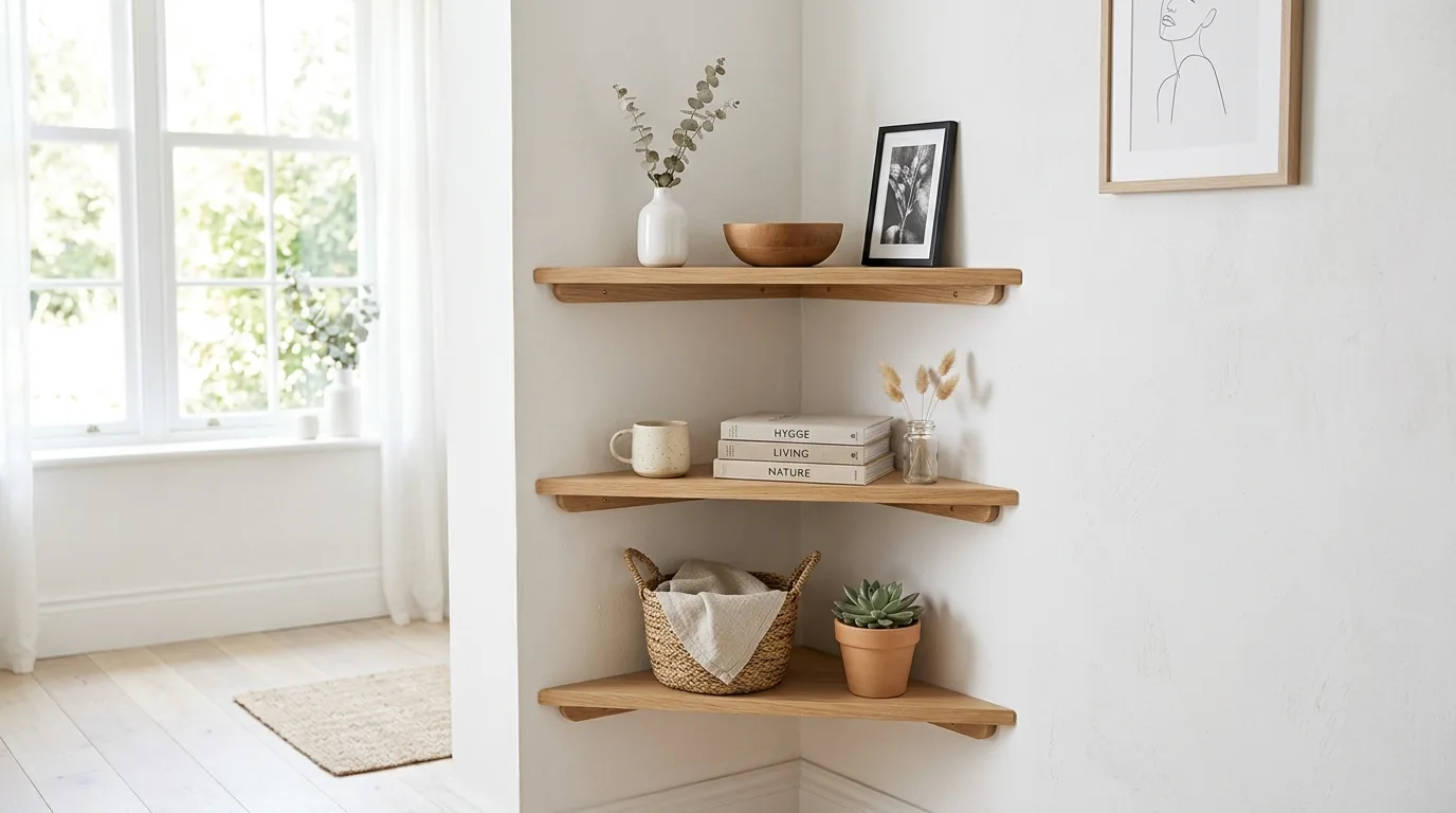 Modern home office corner shelf with file boxes and decor accents