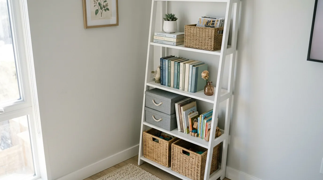 Scandinavian corner shelving in pale wood with neutral ceramics and greenery
