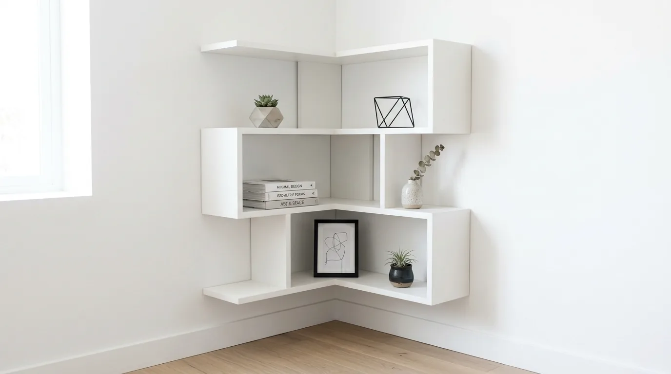 Vertical black metal corner shelf unit with layered decor and storage baskets