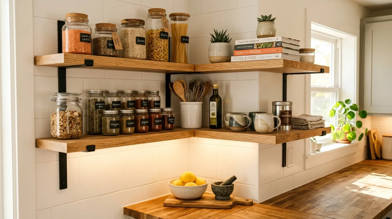 Boho corner shelving with trailing plants
