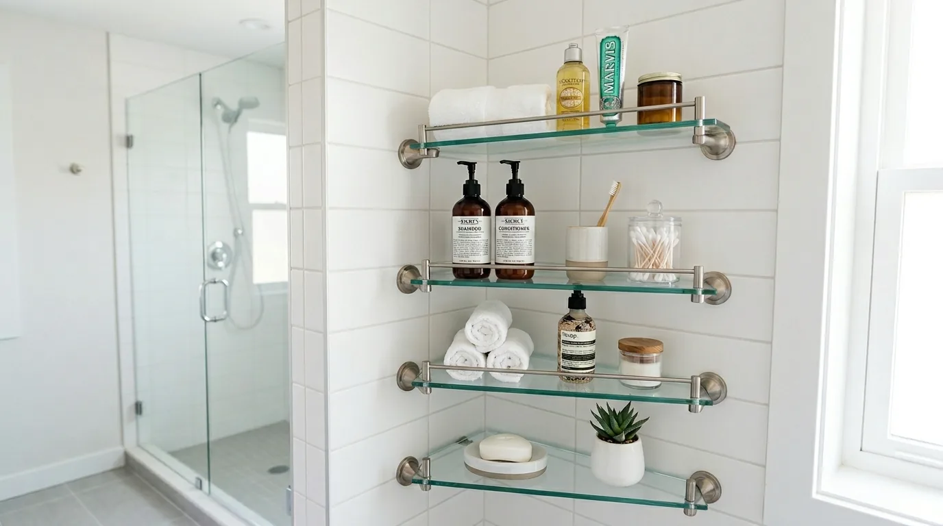 Minimal corner ledges in bathroom with stone accessories and soft light