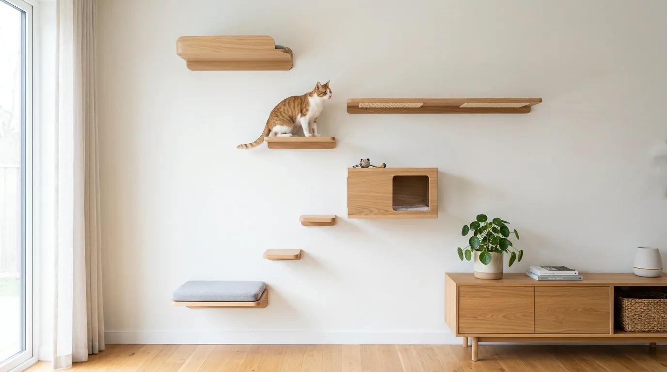 Living room wall cat tree in pale wood matching built in shelves