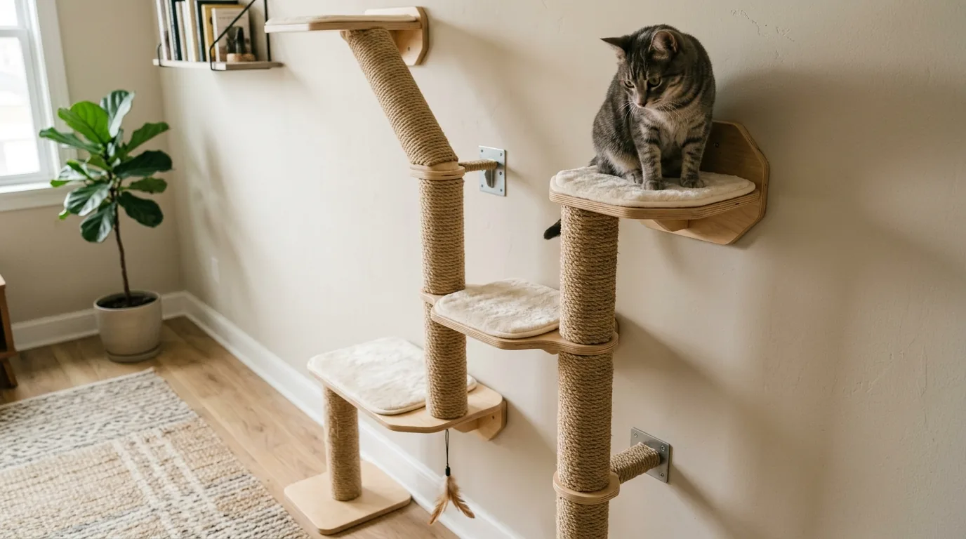 Small apartment cat wall with compact shelves and hammock perch