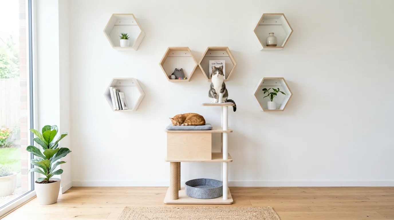 Boho cat climbing setup with rattan basket perch and wood ledges